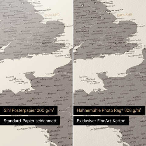 Europakarte Poster in Warmgray (Braun-Grau), erhältlich in den Papiersorten Sihl Posterpapier seidenmatt oder Hahnemühle Photo Rag