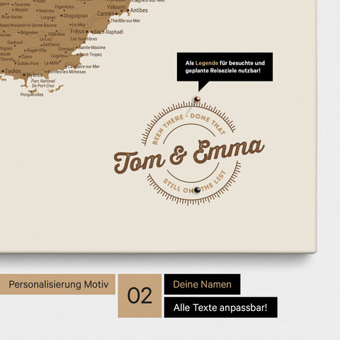 Frankreich-Karte Pinn-Leinwand in Bronze mit Personalisierung als rundes Logo, das eine Legende für bereits besuchte Reiseziele im Rundtext beinhaltet