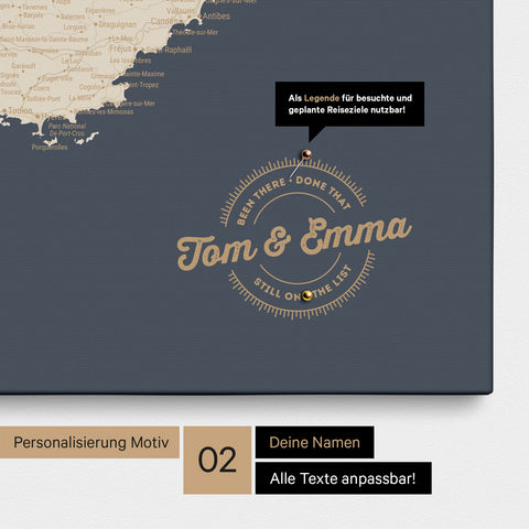 Frankreich-Karte Pinn-Leinwand in Hale Navy mit Personalisierung als rundes Logo, das eine Legende für bereits besuchte Reiseziele im Rundtext beinhaltet