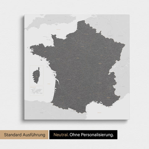 Neutrale Standard Ausführung der detaillierten Frankreich-Karte als Pinnwand Leinwand in Light Gray ohne Personalisierung