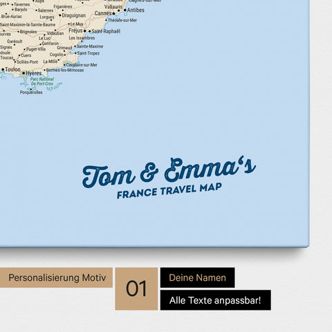 Landkarte von Frankreich als Pinnwand Leinwand in Multicolor Classic mit Personalisierung und Namen in einer modernen Schreibschrift