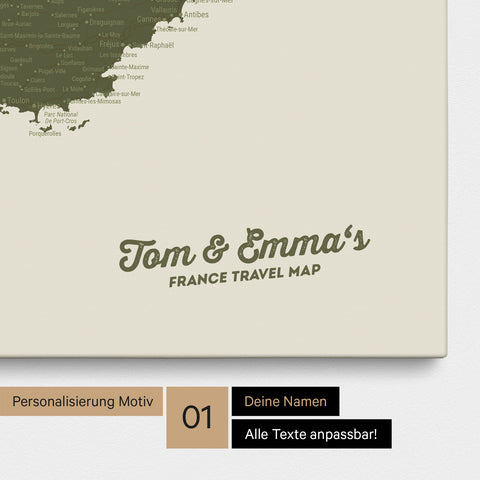 Landkarte von Frankreich als Pinnwand Leinwand in Grün mit Personalisierung und Namen in einer modernen Schreibschrift
