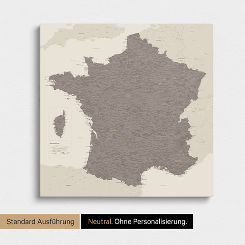 Neutrale Standard Ausführung der detaillierten Frankreich-Karte als Pinnwand Leinwand in Warmgray ohne Personalisierung