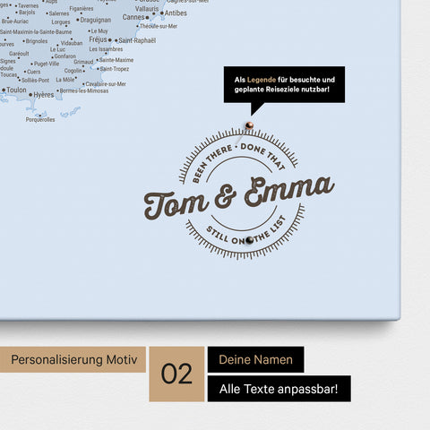 Politische Frankreich-Karte Pinn-Leinwand in Multicolor Grau mit Personalisierung als rundes Logo, das eine Legende für bereits besuchte Reiseziele im Rundtext beinhaltet