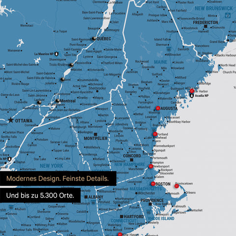 Ausschnitt einer Kanada & USA Landkarte als Pinn-Leinwand in Blau zeigt Reiseziele und Highlights in New Brunswick und New England