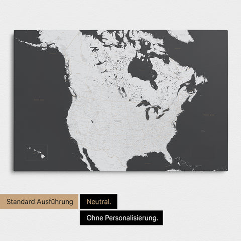 Neutrale und schlichte Ausführung einer Kanada & USA Karte als Pinn-Leinwand in Dunkelgrau