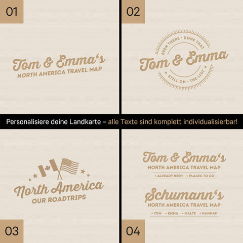 Kanada & USA Landkarte mit hohem Detailgrad als Pinnwand Leinwand in Gold mit Personalisierung und Eindruck mit deinem Namen
