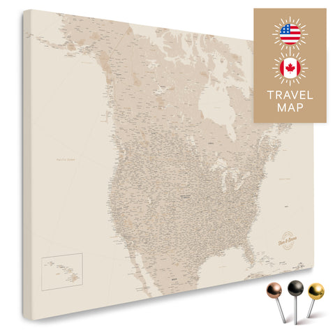 Kanada & USA Landkarte in Gold mit sehr hohem Detailgrad als Pinnwand Leinwand zum Pinnen und Markieren von Reisezielen kaufen