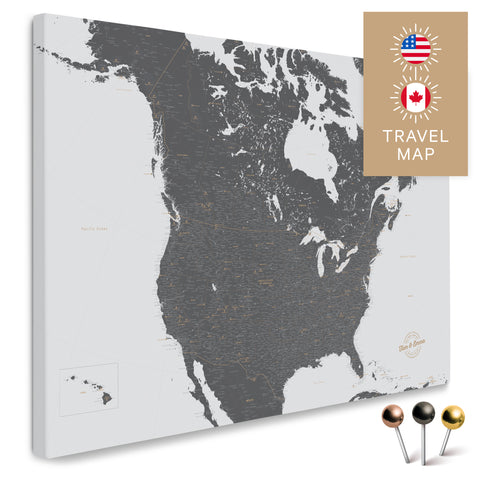 Kanada & USA Landkarte in Light Gray mit sehr hohem Detailgrad als Pinnwand Leinwand zum Pinnen und Markieren von Reisezielen kaufen