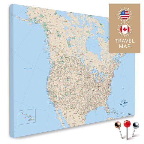 Kanada & USA Landkarte in Multicolor mit sehr hohem Detailgrad als Pinnwand Leinwand zum Pinnen und Markieren von Reisezielen kaufen