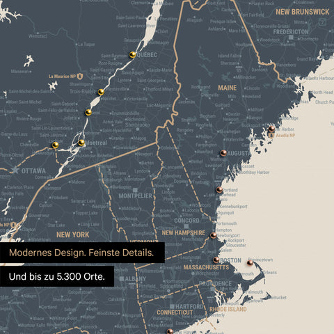 Ausschnitt einer Kanada & USA Landkarte als Pinn-Leinwand in Navy Light zeigt Reiseziele und Highlights in New Brunswick und New England