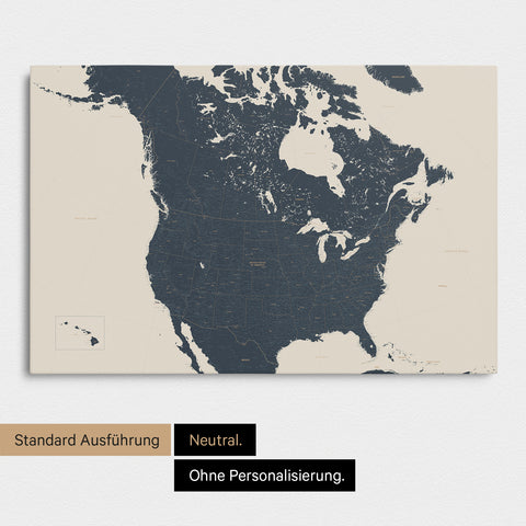 Neutrale und schlichte Ausführung einer Kanada & USA Karte als Pinn-Leinwand in Navy Light