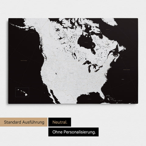 Neutrale und schlichte Ausführung einer Kanada & USA Karte als Pinn-Leinwand in Schwarz-Weiss