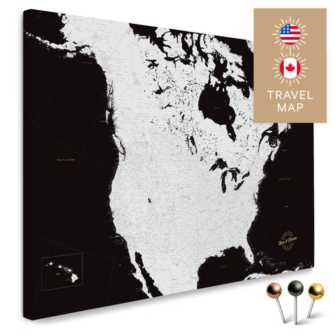Kanada & USA Landkarte in Schwarz-Weiss mit sehr hohem Detailgrad als Pinnwand Leinwand zum Pinnen und Markieren von Reisezielen kaufen