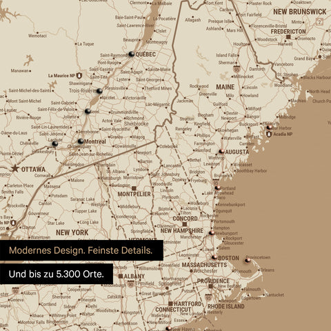 Ausschnitt einer Kanada & USA Landkarte als Pinn-Leinwand in Treasure Gold zeigt Reiseziele und Highlights in New Brunswick und New England