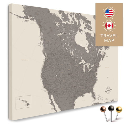 Kanada & USA Landkarte in Warmgray (Braun-Grau) mit sehr hohem Detailgrad als Pinnwand Leinwand zum Pinnen und Markieren von Reisezielen kaufen