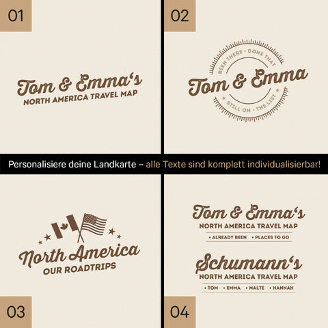 Kanada & USA Karte mit hohem Detailgrad als Papier-Poster mit vier unterschiedlichen Personalisierungen zur Auswahl