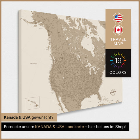 USA Amerika Landkarte TRAVEL® Pinn-Leinwand – Desert Sand (Beige)