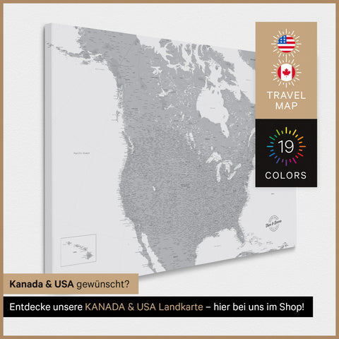 USA Amerika Landkarte TRAVEL® Pinn-Leinwand – Coolgray (Hellgrau)