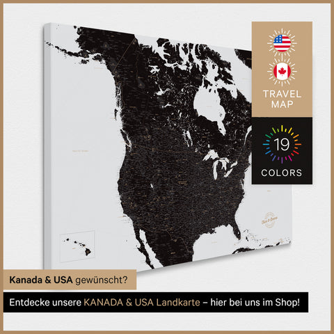 USA America TRAVEL® Map Canvas Push Pin Board – Light Black (White & Black)