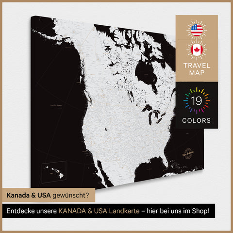 USA Amerika Landkarte TRAVEL® Pinn-Leinwand – Dark Black (Schwarz-Weiß)