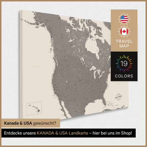 USA Amerika Landkarte TRAVEL® Pinn-Leinwand – Warmgray (Braun-Grau)