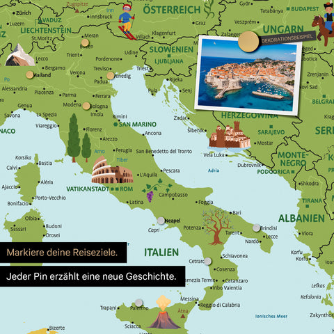 Section of a children's Europe map as a magnetic board in Classic color showing pins of travel destinations in Italy