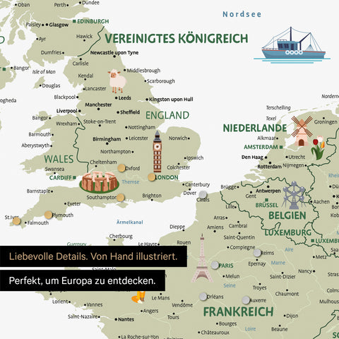 Section of a magnetic children's map of Europe as a magnet board in white color showing pins of travel destinations in France and England