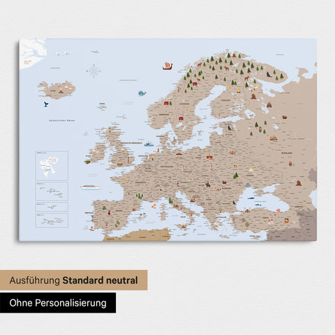 Neutrale und schlichte Ausführung einer Kinder-Europakarte als Pinn-Leinwand in Farbe Brown