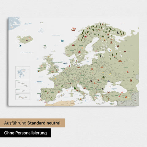 Neutrale und schlichte Ausführung einer Kinder-Europakarte als Pinn-Leinwand in Farbe White