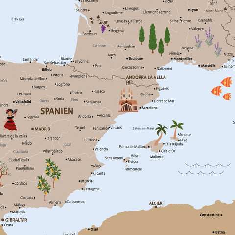 Section of a children's Europe map as a poster in brown color showing Spain with illustrations