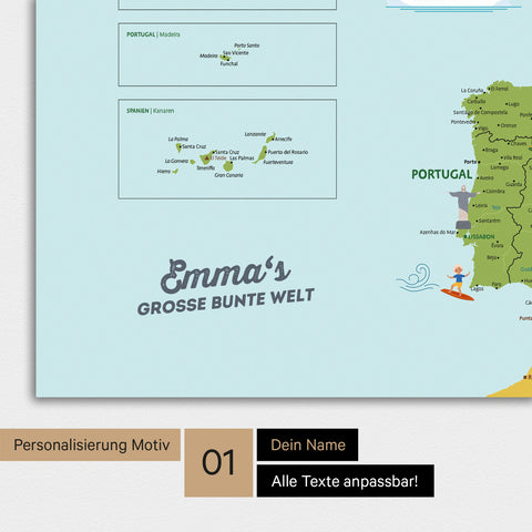 Kinder-Europakarte mit hohem Detailgrad als Poster in Farbe Classic mit Personalisierung und Eindruck mit deinem Namen