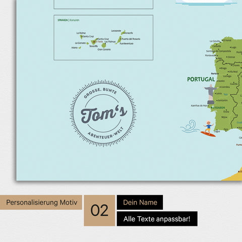Personalisierte Kinder-Europakarte als Leinwand in Farbe Classic mit eingedruckten Namen eines Kindes