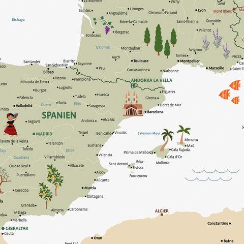 Section of a children's Europe map as a poster in White color showing Spain with illustrations