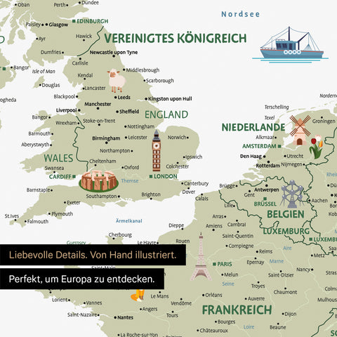 Section of a children's Europe map as a poster in White color showing pins in travel destinations in France and England