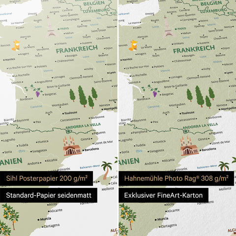 Europe map for children in color White as a poster on the paper types Sihl poster paper or Hahnemühle Photo Rag