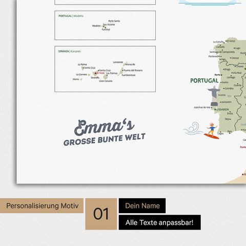 Children's Europe map with high level of detail as a poster in White color with personalization and imprint with your name