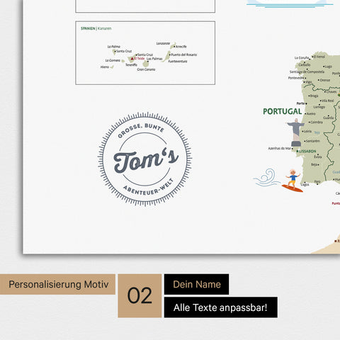 Personalized Children's Europe Map as a Canvas in White Color with the Printed Name of a Child