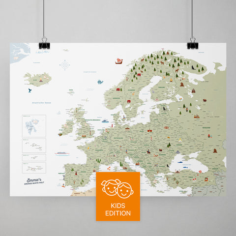 Colorful Europe map for children in white with charming illustrations and pictures, available as a poster for pinning and marking