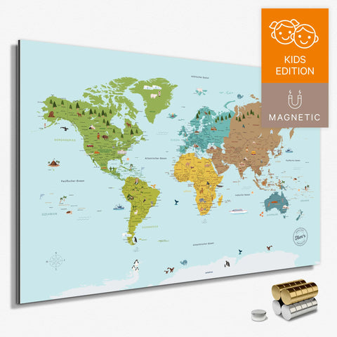 Bunte Kinder-Weltkarte in Multicolor Classic mit liebevollen Illustrationen und Bildern als Magnetboard mit zum Pinnen und Markieren kaufen