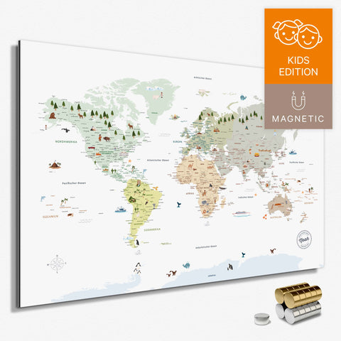 Bunte Kinder-Weltkarte in Multicolor Weiss mit liebevollen Illustrationen und Bildern als Magnetboard mit zum Pinnen und Markieren kaufen