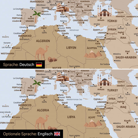 Vergleich einer Kinderweltkarte in den Sprachen Deutsch und Englisch als Pinn-Leinwand in Multicolor Brown