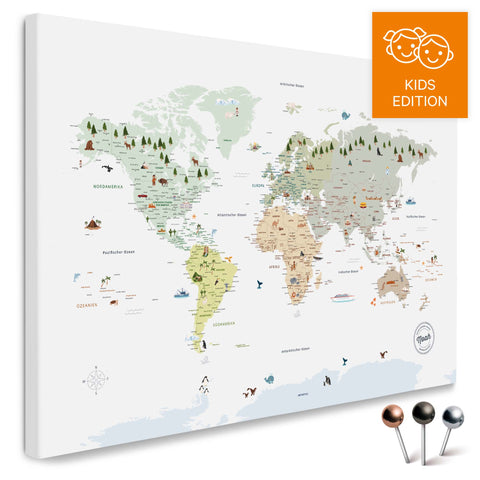Ausschnitt einer Kinder-Weltkarte als Pinn-Leinwand in Multicolor White zeigt Pins von Reisezielen in Amerika mit Illustrationen von Indianern und Tieren
