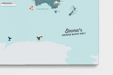 Personalisierung einer Weltkarte für Kinder als Pinn-Leinwand zum Markieren von Orten und zum Lernen von Geographie