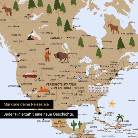 Ausschnitt einer Kinder-Weltkarte als Poster in Multicolor Braun zeigt Pins von Reisezielen in Amerika mit Illustrationen von Indianern und Tieren