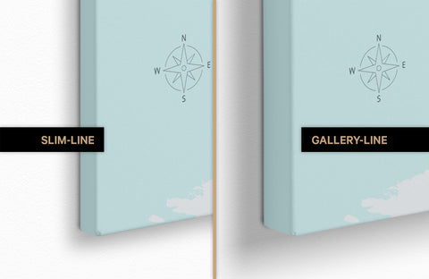 Vergleich der beiden Rahmentiefe Slim-Line und Gallery-Line bei einer Kinder-Weltkarte als Pinn-Leinwand