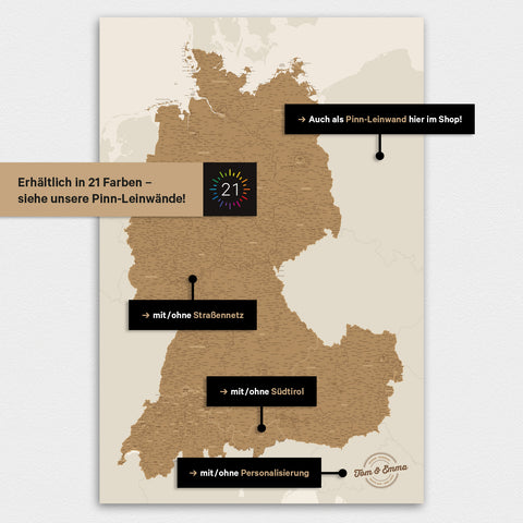 DACH Map TRAVEL® Magnet Poster – in 21 Colors