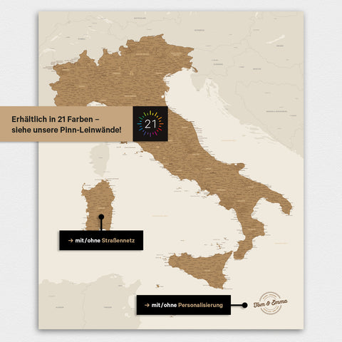 Carte d'Italie TRAVEL® Magnetposter – en 21 couleurs