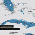 Detaillierte Nordamerika Karte als Pinn-Leinand in Blau zeigt Pins ins Reisezielen von Florida und Kuba