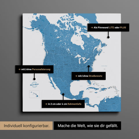 Vielfältige Konfigurationsmöglichkeiten einer Nordamerika Landkarte als Pinn-Leinwand in Farbe Blau